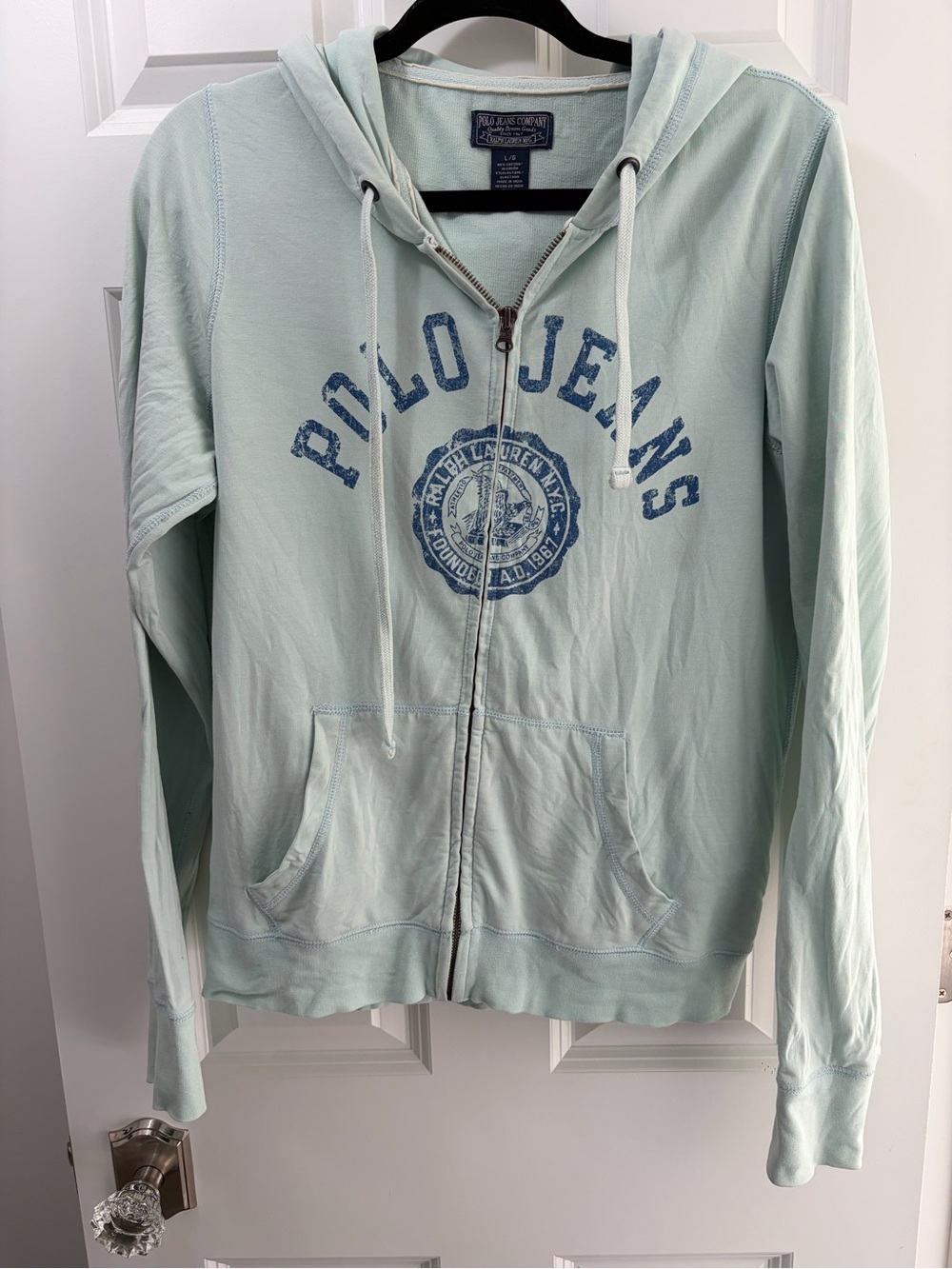 Vintage Polo by Ralph Lauren Light Mint Zip-Up Hoodie with Blue Logo Size L
